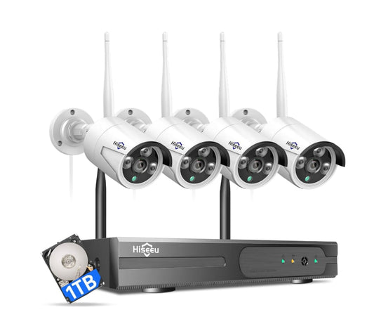 Hiseeu Wireless Security Camera System with 1TB Hard Drive with One-Way Audio,10 Channel NVR 4Pcs 1296P 3MP Night Vision WiFi Security Surveillance Cameras DC Power Home Outdoor