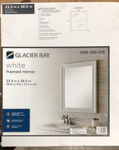 23.5 in. W x 28.5 in. H Rectangular PS Framed Wall Bathroom Vanity Mirror in White (Screws Not Included)-Glacier Bay