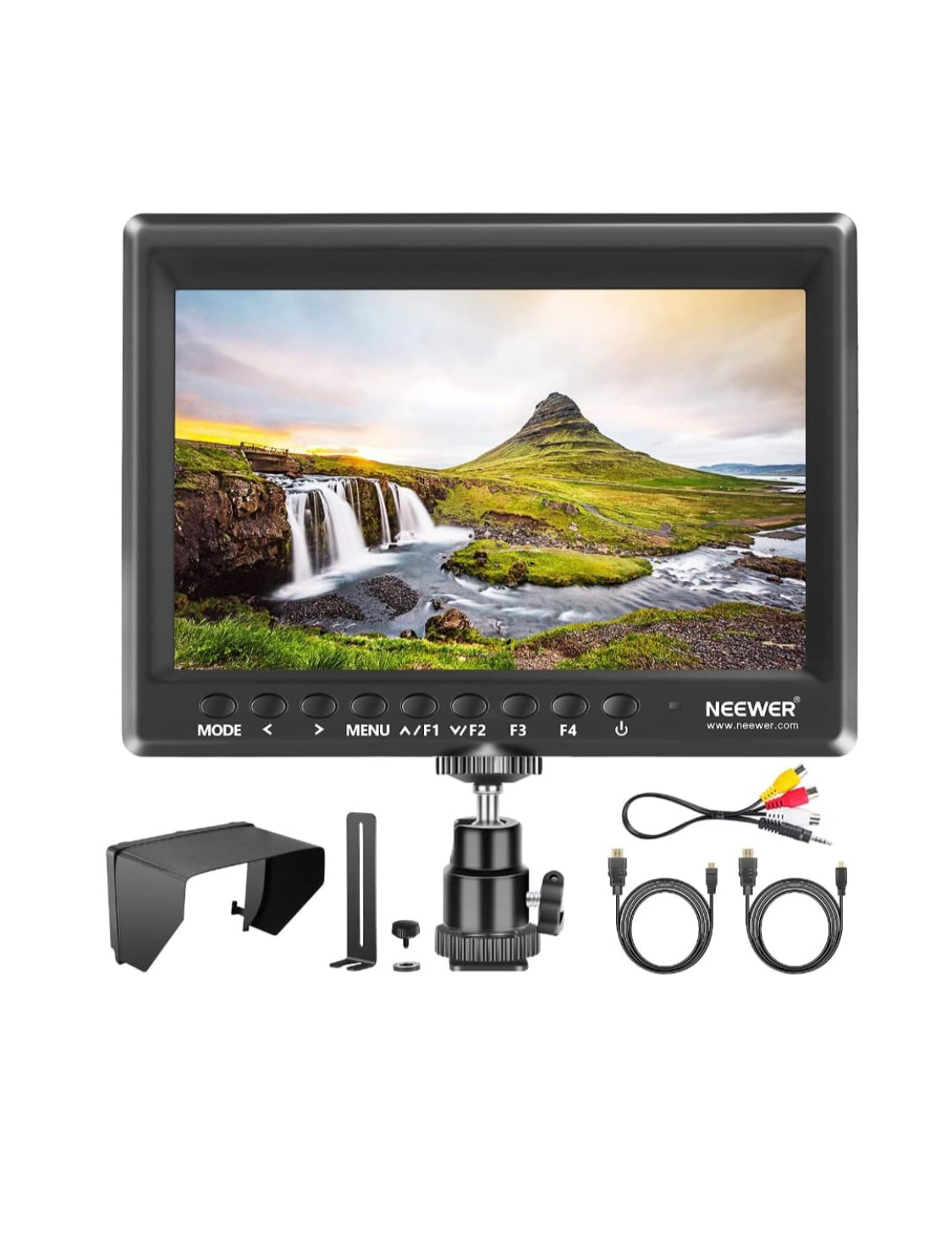 Neewer F100 7inch Camera Field Monitor HD Video Assist IPS 1280x800 HDMI Input 1080p with Sunshade and Ball Head for DSLR Cameras, Handheld Stabilizer, Film Video Making Rig (Battery Not Included)