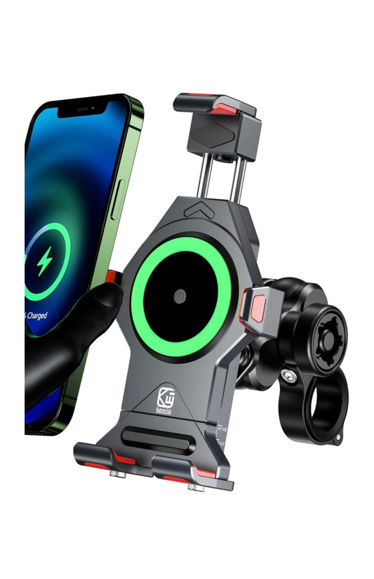 BRCOVAN Motorcycle Phone Mount with Qi 15W Wireless Charger & Vibration Dampener, Anti-Theft, Anti-Shake, Adjustable, Aluminum Alloy Motorcycle Handlebar Cell Phone Holder for 4.7''-7.2'' Smartphones