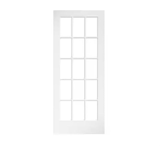 30 in. x 80 in. Clear Glass 15-Lite True Divided White Finished Solid French Interior Door Slab - eightdoors