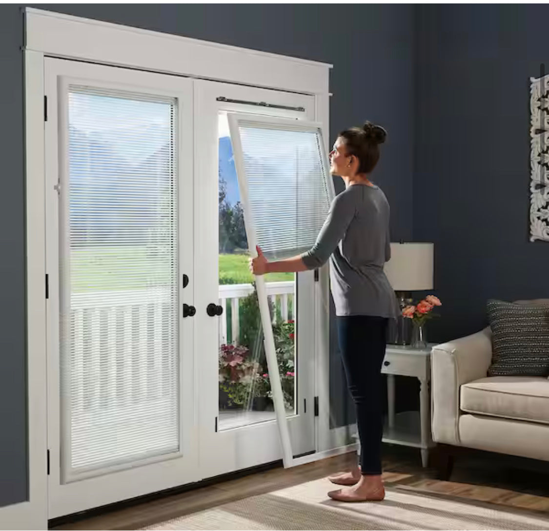 22 in. w x 64 in. h Add-On Enclosed Aluminum Blinds White Steel & Fiberglass Doors with Raised Frame Around Glass - ODL