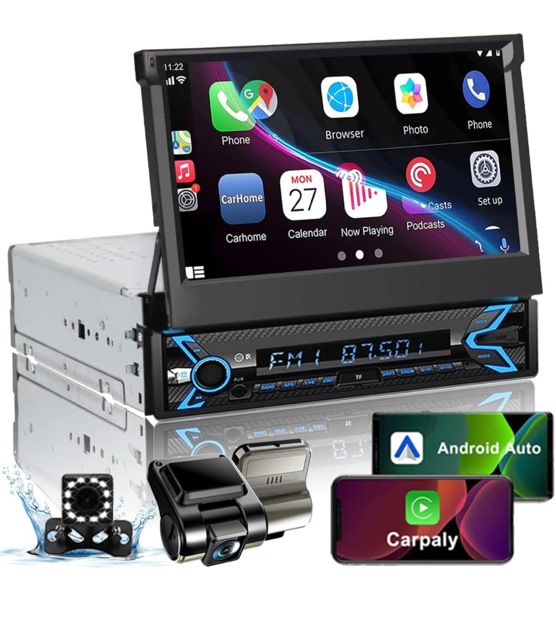 Naifay Single Din Car Stereo with Dash Cam & Backup Camera, 7INCH Flip Out Single Din Touchscreen Car Stereo with Apple Carplay & Android Auto, Car Audio Receivers Bluetooth Mirrorlink FM Car Radio