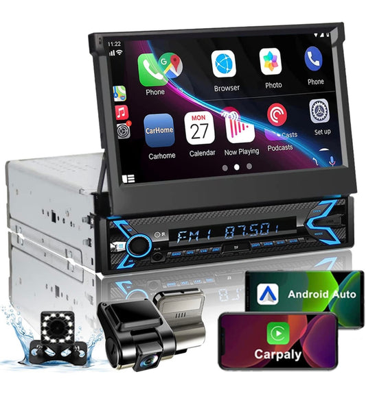 Naifay Single Din Car Stereo with Dash Cam & Backup Camera, 7INCH Flip Out Single Din Touchscreen Car Stereo with Apple Carplay & Android Auto, Car Audio Receivers Bluetooth Mirrorlink FM Car Radio