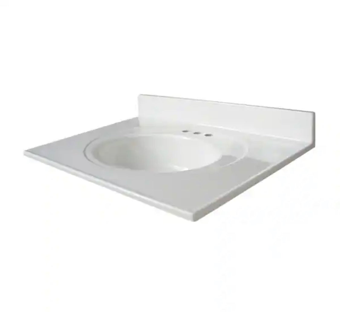 31 in. W x 22 in. D Cultured Marble White Round Single Sink Vanity Top in White