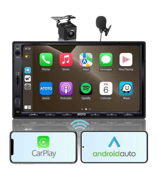 ATOTO Double Din Car Stereo with Wireless CarPlay,Wireless Android Auto,7in IPS Touchscreen,Bluetooth,Phone Mirroring,HD LRV Camera,USB Video & Audio
