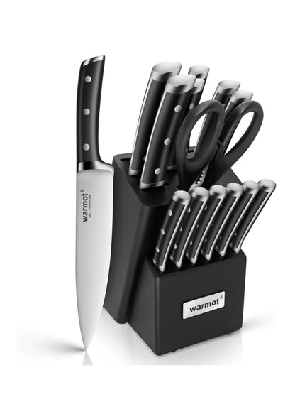 Warmot Kitchen Knife Set, 15 Pieces Knife Set Chef with Knife Sharpener Block, Ultra Sharp German Stainless Steel Knife Set Ergonomic Handle, Silver