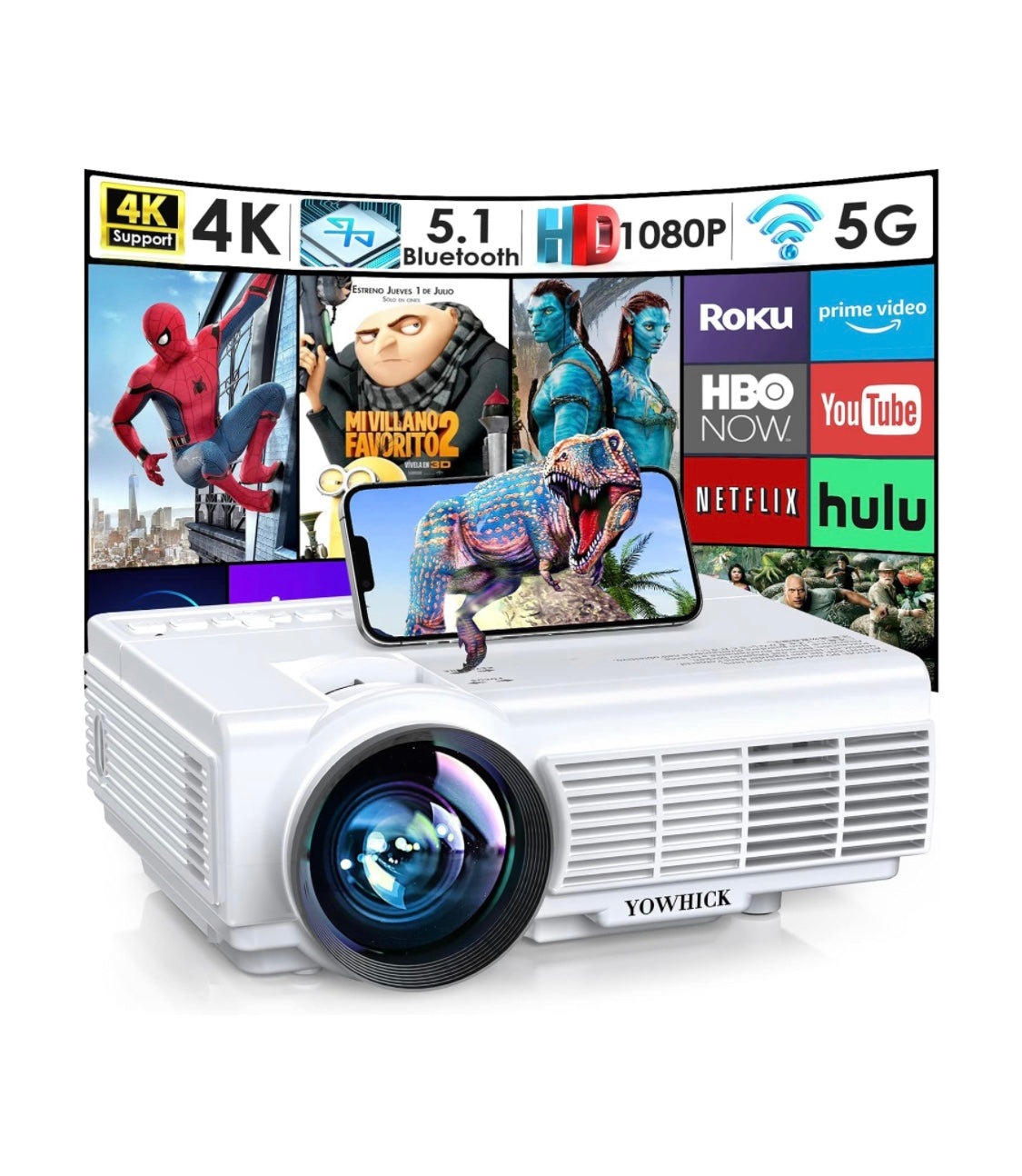 Projector with 5G WiFi Bluetooth, Native 1080P Outdoor Movie Projector 4K Support, 10000L Movie Video Projector, for HDMI, VGA, USB, Laptop, iOS & Android Phone