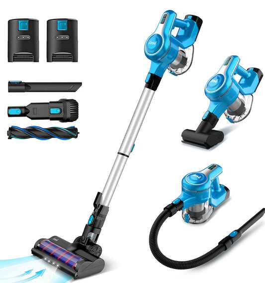 INSE S6P Pro Cordless Vacuum Cleaner With 2 Batteries, Up To 80Min Run-Time Rechargeable Stick Vacuum, Lightweight Powerful Suction Handheld Vacuum, Light Blue, 0.5 Liter, HEPA