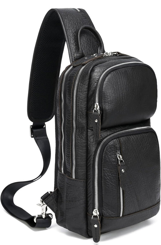 LANNSYNE Full Grain Leather Sling Bag For Men Crossbody Chest Daypack fits 10.5" iPad