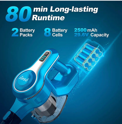 INSE S6P Pro Cordless Vacuum Cleaner With 2 Batteries, Up To 80Min Run-Time Rechargeable Stick Vacuum, Lightweight Powerful Suction Handheld Vacuum, Light Blue, 0.5 Liter, HEPA