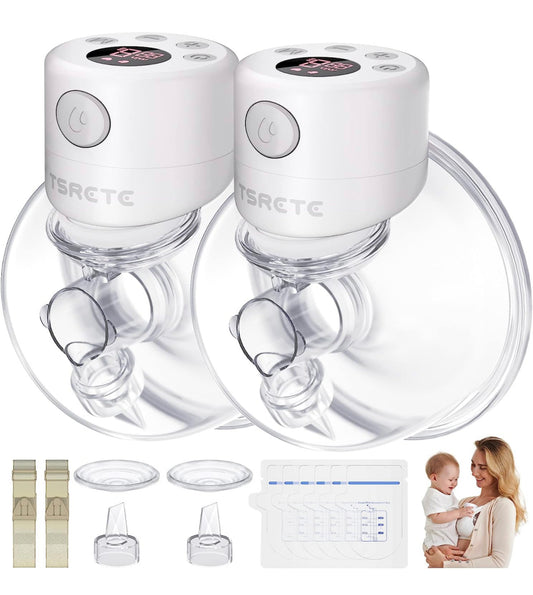 TSRETE Breast Pump, Double Wearable Breast Pump, Electric Hands-Free Breast Pumps with 2 Modes, 9 Levels, LCD Display, Memory Function Rechargeable Double Milk Extractor-24mm Flange, White