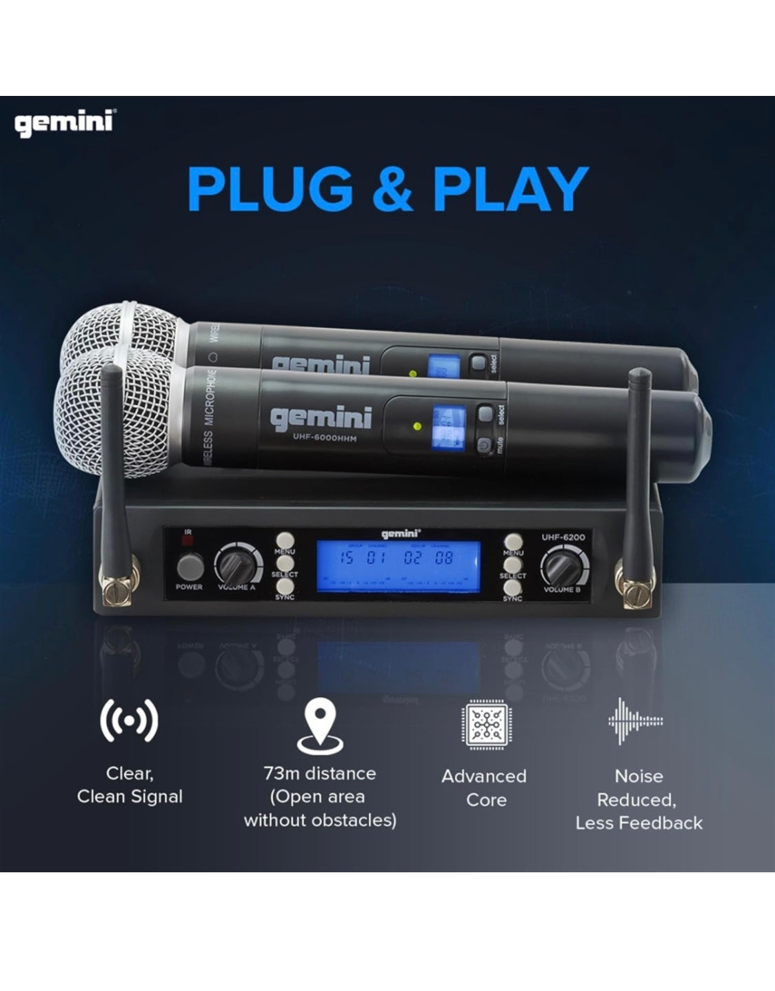 Gemini Sound Pro Dual Wireless Microphone System, Professional Handheld Long Range (150 Ft) Mic Set for DJ, Church, Karaoke, XLR Connector, 2 (UHF-6200M) Microfono