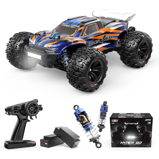 HYPER GO 1:16 Scale Ready to Run Fast Remote Control Car, High Speed Jump RC Monster Truck, Off Road RC Cars, 4WD All Terrain RTR RC Truck with 2 LiPo Batteries for Boys and Adults