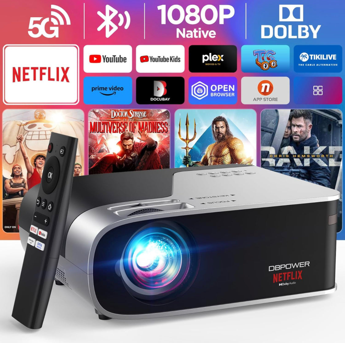 Smart Projector with 5G WiFi and Bluetooth, DBPOWER Native 1080p Projector Built-in Netflix, Youtube, Prime Video, Hulu, Disney+ Apps, 500ANSI Movie Projector with Dolby