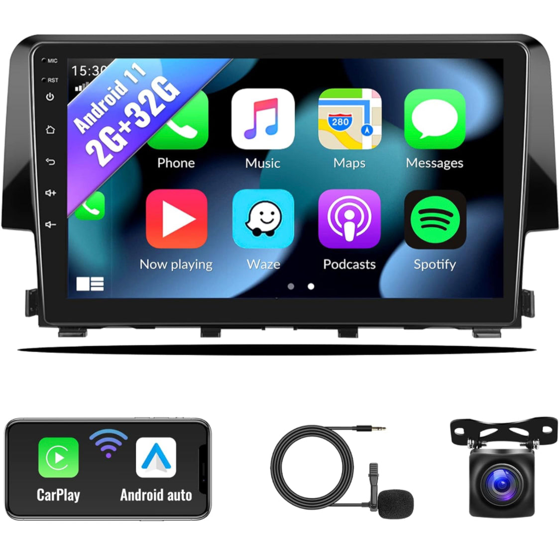 Android 11 Car Stereo Radio for Honda Civic with Wireless Apple CarPlay Android Auto 2G+32G 9 Inch Touchscreen Bluetooth GPS Navigation WiFi HiFi FM Backup Camera MIC