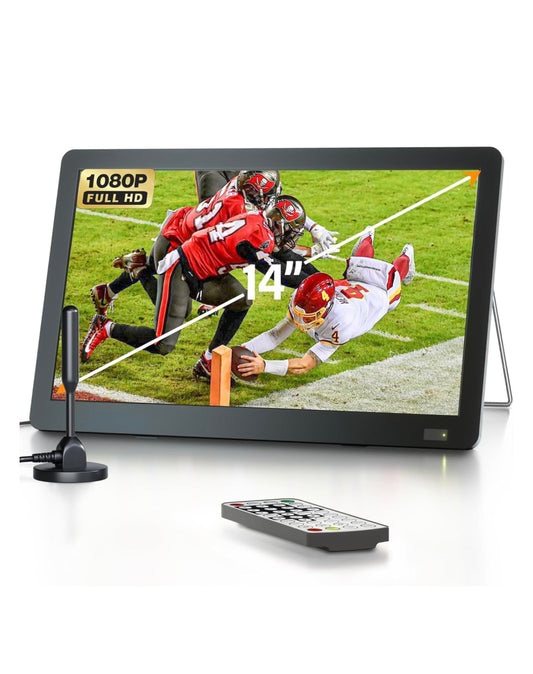 Desobry 14 inch PortableTV with Antenna, Portable Small TV with ATSC Tuner, Rechargeable Battery Operated Mini TV LCD Monitor, Built-in TV Stand, HDMI Input, USB, AV in, Supports Camping, Kitchen, Car