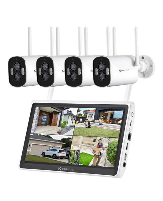YEEWISE 2K Wireless Security Camera System with Monitor, All-in One WiFi Surveillance System, 10CH NVR Built-in 10.1" Monitor, 4pcs 3MP Dual Lens Cameras with 10x Hybrid Zoom, 24/7 Recording, 1TB HDD