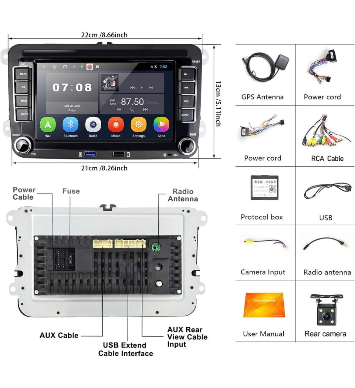 Android 11 Car Stereo for VW Passat Golf Jetta Tiguan Double Din 7 Inch Touch Screen Car Radio with Bluetooth GPS Navigation WiFi FM Radio Car Multimedia Player 2 USB Slot Head Unit + Backup Camera